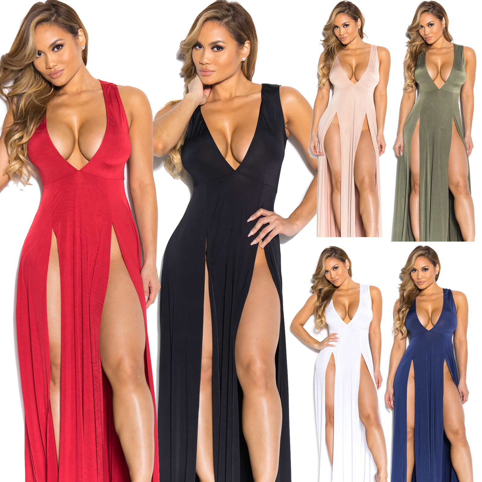 Robe de créatrice de femmes Summer Long Jupe Deep V Slit Bandage Skrt Nightclub Jirts Plus taille pour femmes Ventes Vestidos Largos Elegantes Ro