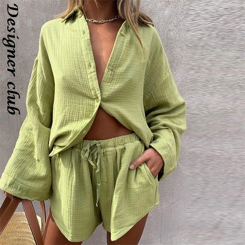 

Women Casual Tracksuit Shorts Set Summer Long Sleeve Shirt Tops And Mini Drawstring Shorts Suit Lounge Wear Two Piece Set 220510, Green