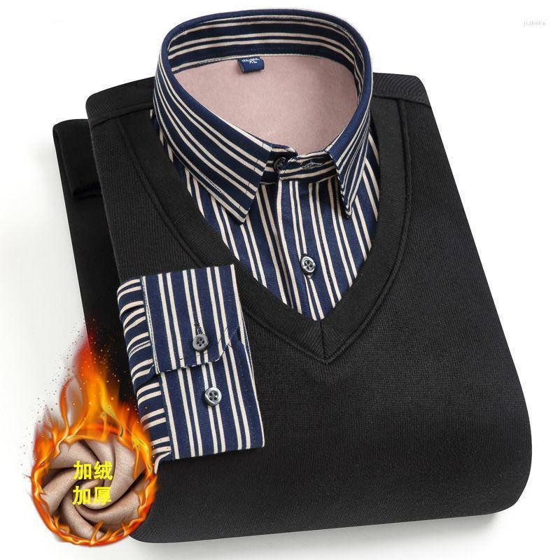 

Men's Sweaters 2022 Autumn Winter Men Fleece Shirt-collar Sweater Fashion Grid Stripe Printed Thick Warm Male Velvet Thicken, A8