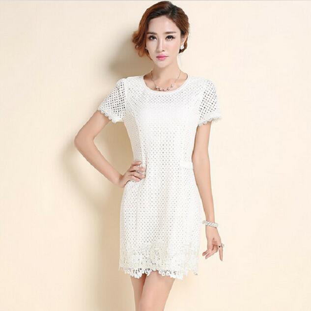 

New Summer Women Korean Sweet Style Dresses Slim Short Sleeve Hollow Out Lace Splice Loose Solid Occasion Dress For Ladies Black/White Size XXL, Ivory