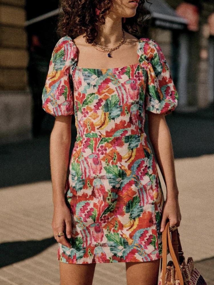 Robes décontractées Femmes Robe Sezane 2022 Été Court Col Carré Imprimé Floral Manches Ballon Mini RobeCasual