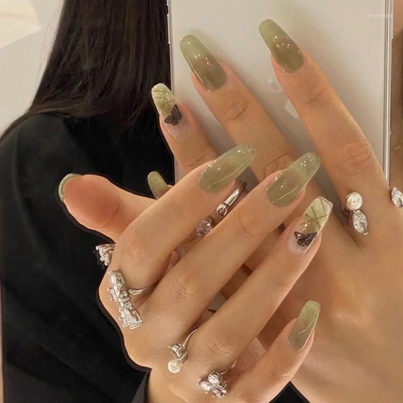 

False Nails 24Pcs Ice Through Matcha Green Wearable Fake Butterfly Square Head With Design Full Cover Press On Prud22, White