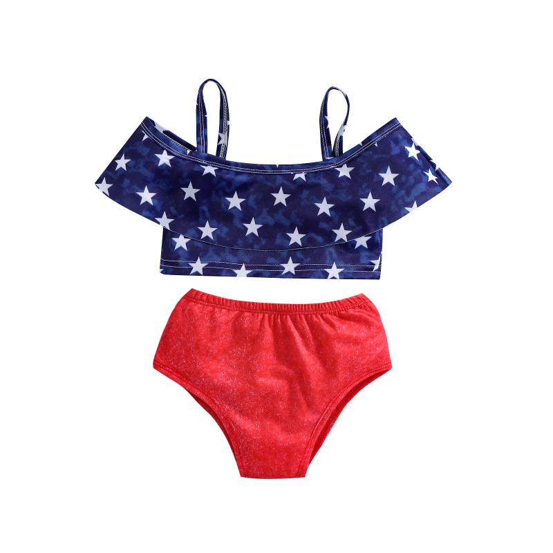 

Clothing Sets Pcs Girls Bathing Suits Cold Shoulder Star Print Spaghetti Strap Ruffle Crop Tops Solid Color BriefsClothing, As pic