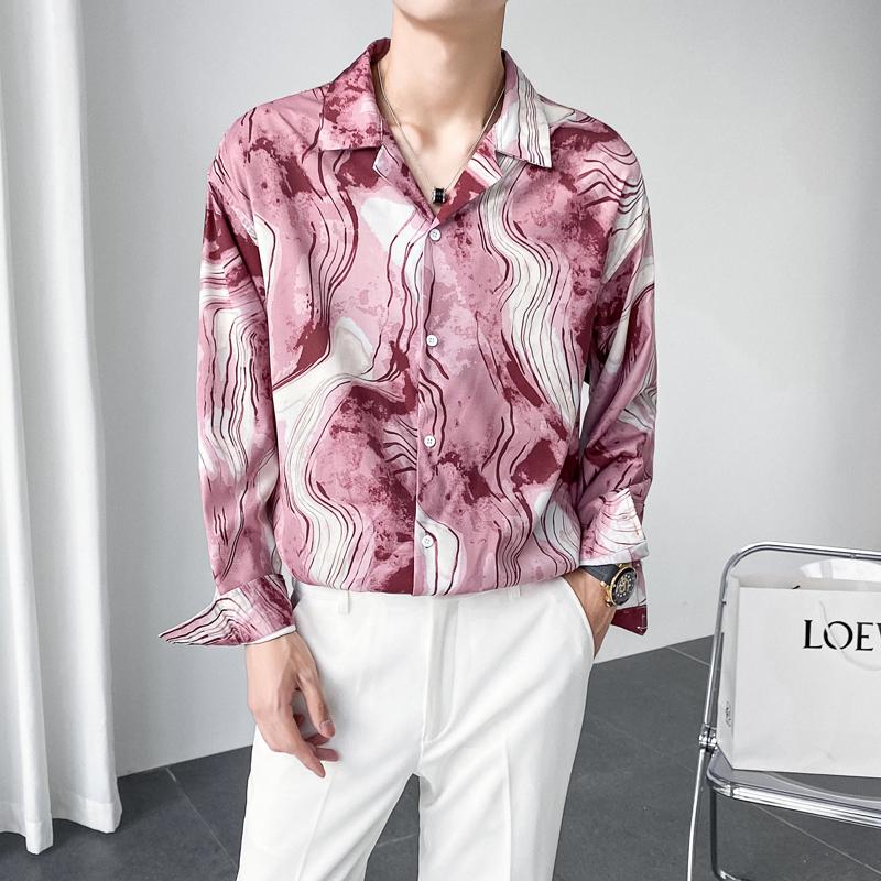 

Men's Casual Shirts Mens Tops Loose Shoulders Printed Non-iron Shirt Man Korean Vintage Fashion Streetwear Long Sleeve ShirtMen's, Gray