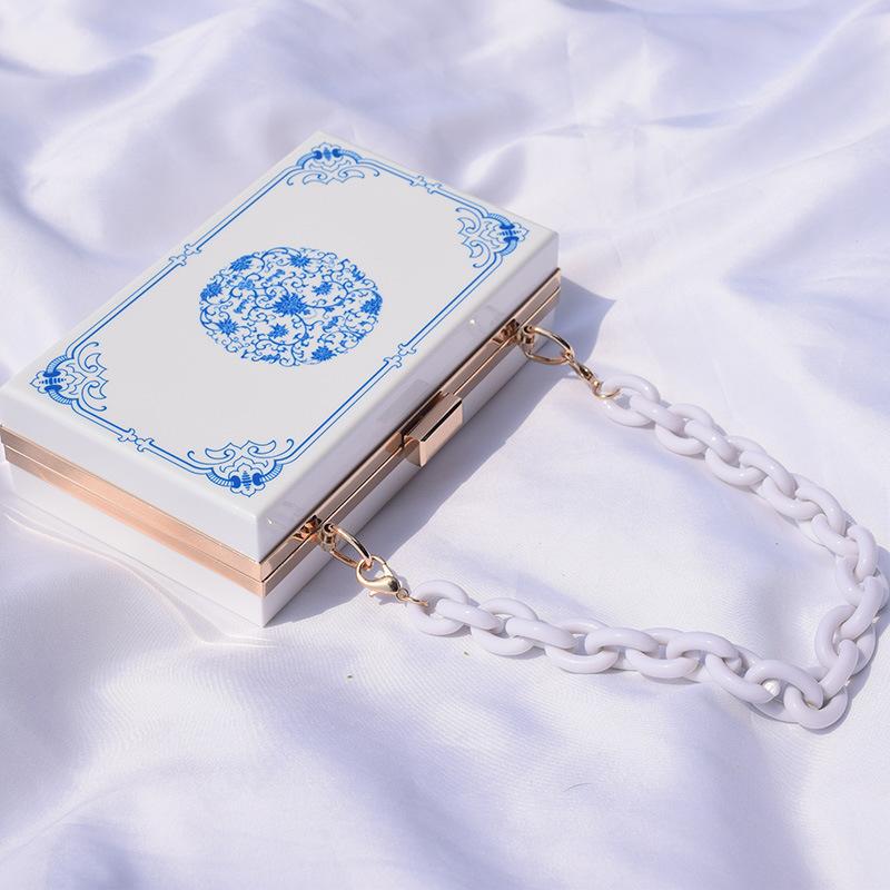 

Evening Bags Chinese Style Box Shape Wallet Women Blue Acrylic Clutch Purse Square Bag Trendy Banquet Hardbox Party HandbagEvening