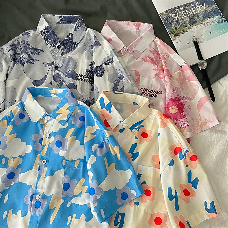 

Flower Print Summer Shirts Beach Harajuku Style Women's Blouse Oversized Top Turn Down Collar Short Sleeve Shirt Sweet, Yellow