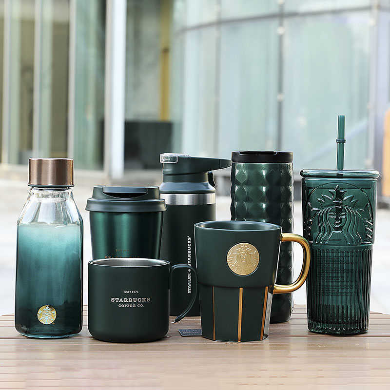 Starbucks cup dark green striped Mermaid goddess gradient nameplate glass straw mark desktop Mug-image-760066903