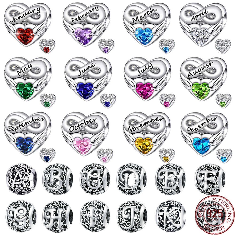 

925 Sterling Silver Dangle Charm Birthstone Heart Pendant Letter series Bead Fit Pandora Charms Bracelet DIY Jewelry Accessories