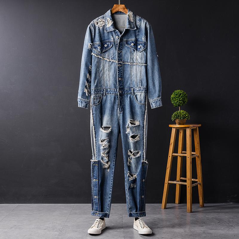 

Men's Jeans Trendy Brand Men's Denim Jumpsuit Personality Ripped Performance Costume Stage JumpsuitMen's, Blue