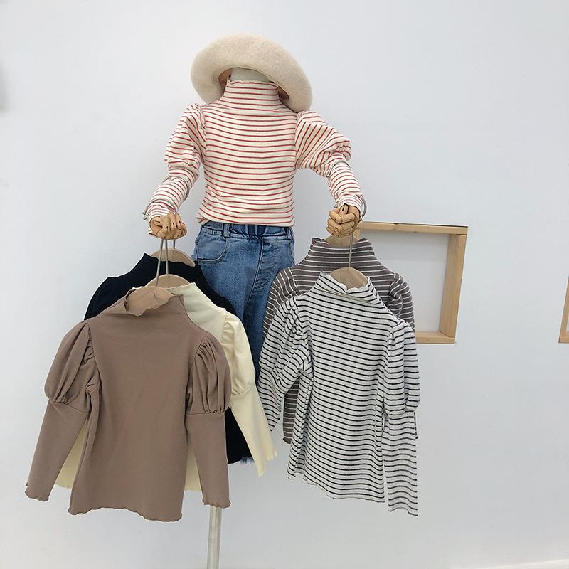 

T-shirts 3-9 Years Girl Kids Tshirt Autumn Korean Casual Baby Puff Sleeve Slim Striped For Children Cotton Long TopsT-shirts T-shirtsT-shirt, Black