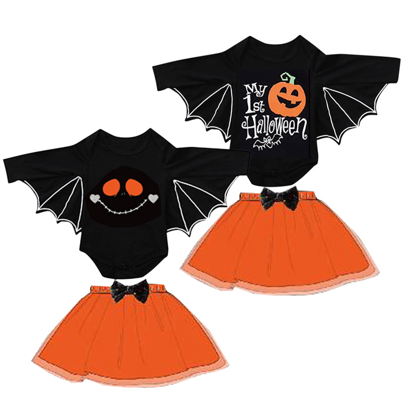 

Halloween Baby Costume set New Baby long sleeve romper with orange skirt suit funny two piece, As picture