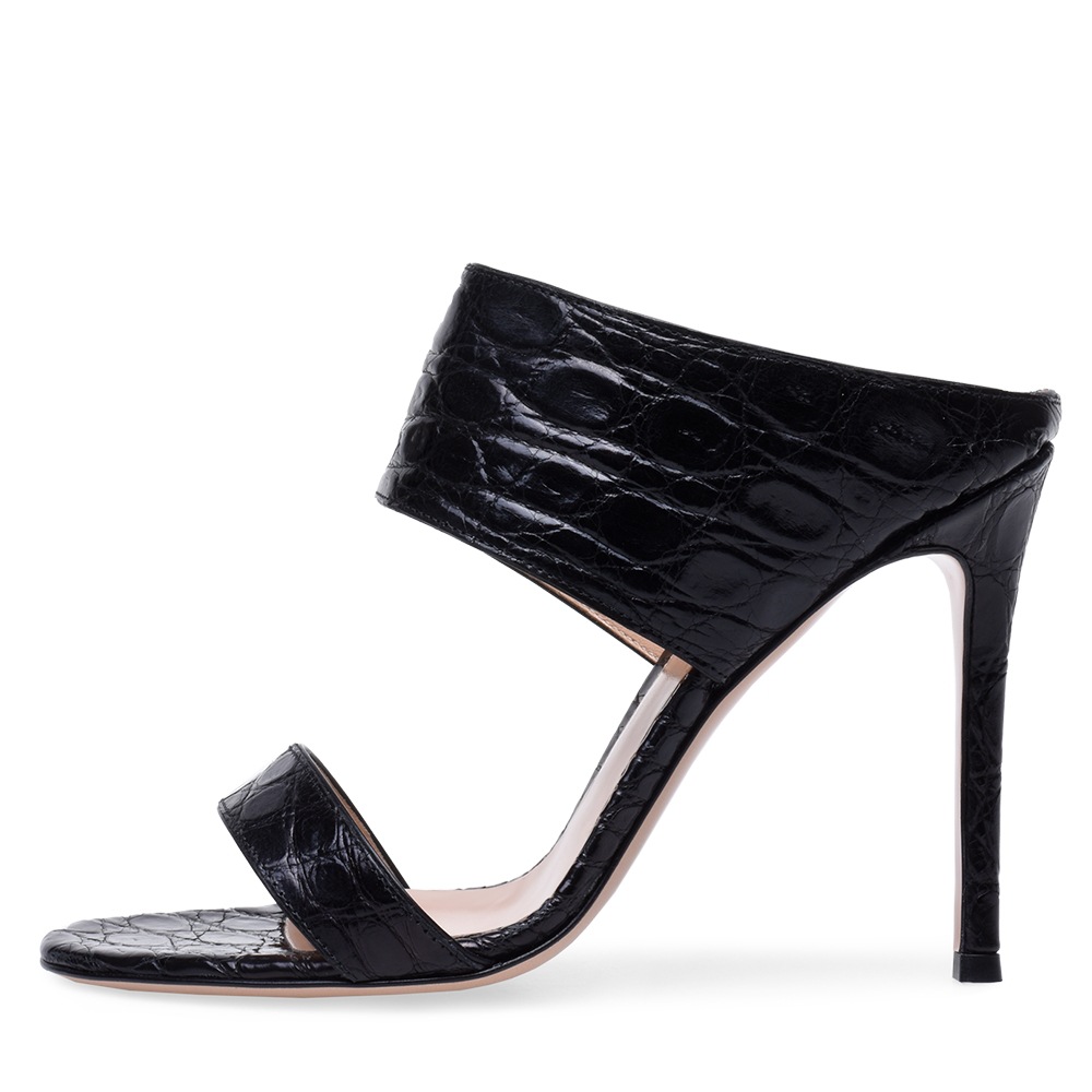 

2022 women Ladies PU Genuine real leather 12CM high heels sandals Dress Shoes one line slipper summer Casual peep-toes open toe party wedding Alligator print siz 34-43, Black