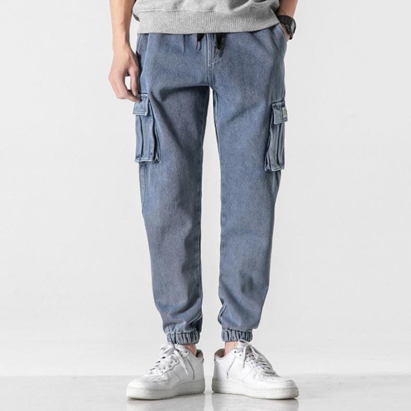 

Men's Jeans Men Cargo Solid Color Multi Pockets Summer Autumn Lace-up Ankle Tied Denim Pants Jogger MaleMen's, Blue