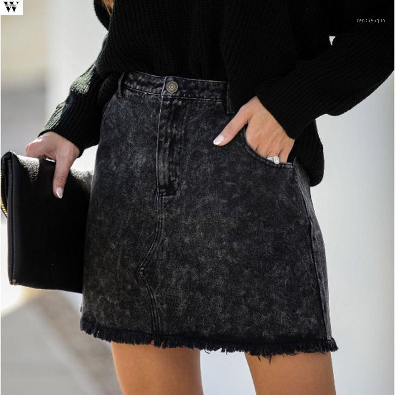 

Skirts 2022 Women Sexy Pencil Zipper High Waist Skirt Pure Colour Denim Stretch Bodycon Short Mini 4.14