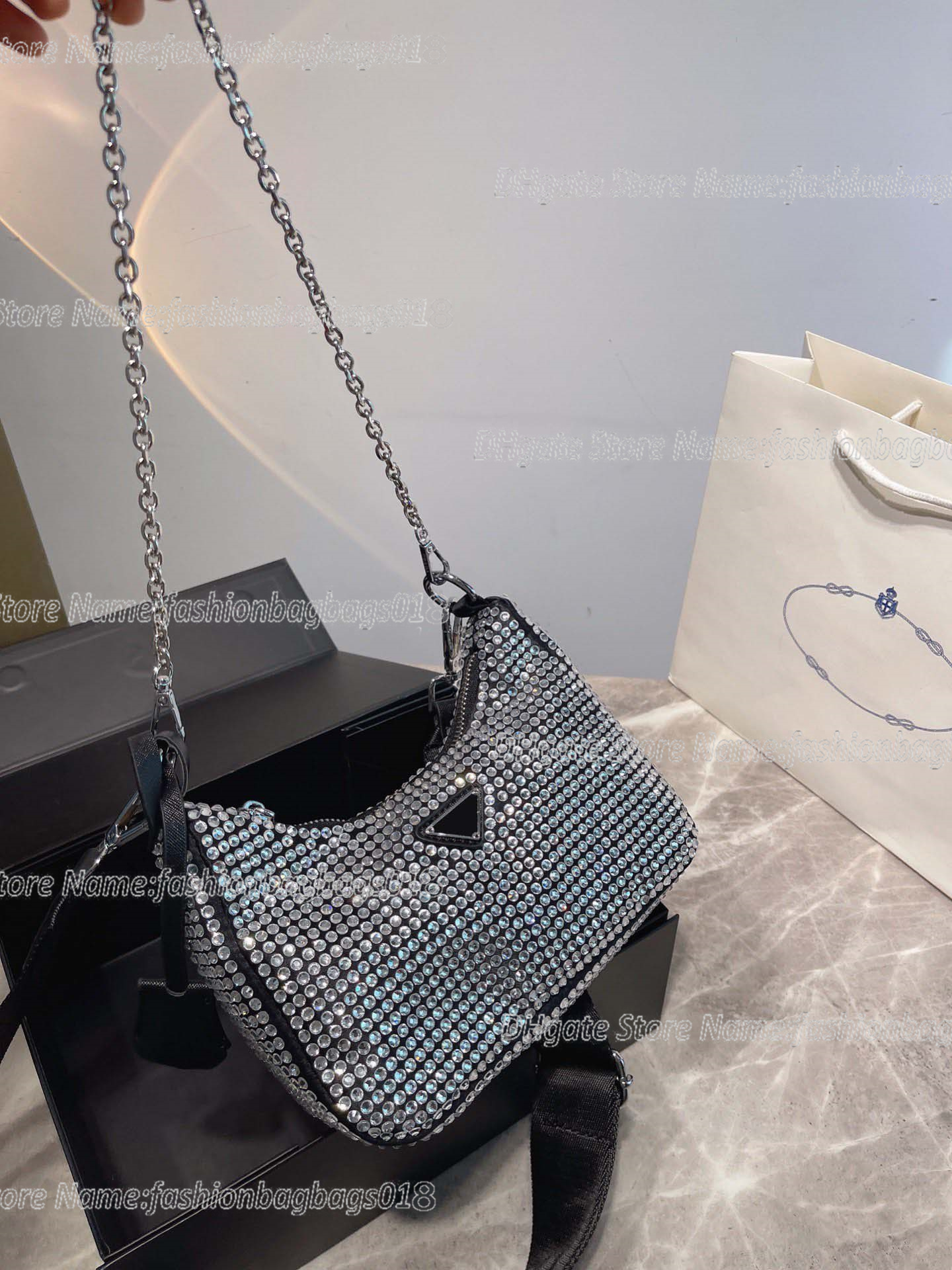 

22C Re-Edition 2005 Hobo Satin Crystal-Embellished Shoulder Bag Multi Pochette Designer Nylon Saffiano Leather 2pcs Crossbody With Removable Pouch Keychain