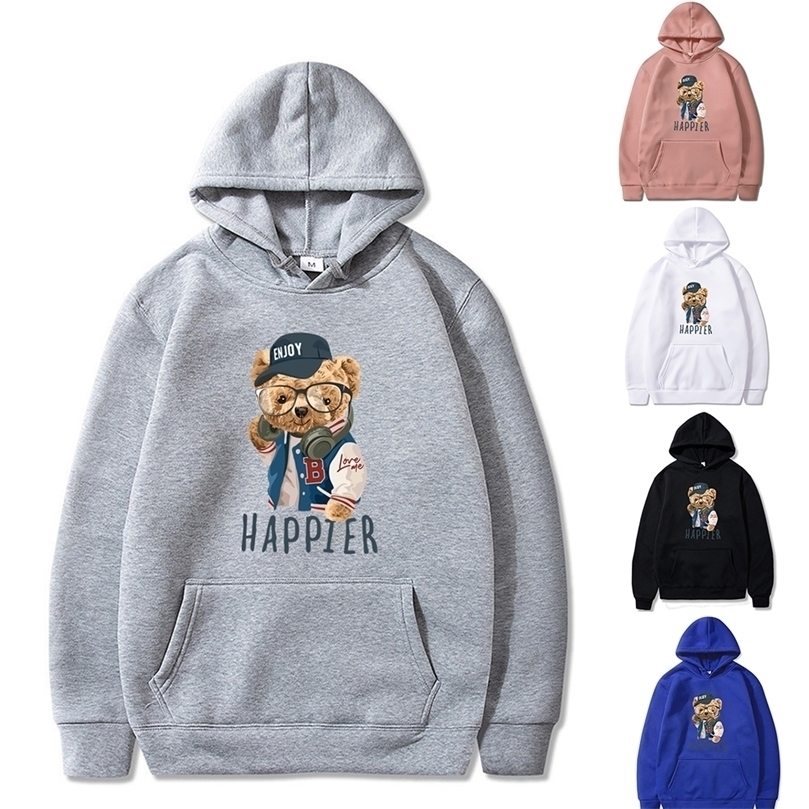 

Hip Hop Loose Men and Women Hoodies Sweatshirt Autumn Streetwear Bear with Glasses Print Jumpers Harajuku Clothes Pullovers Tops 220406, White