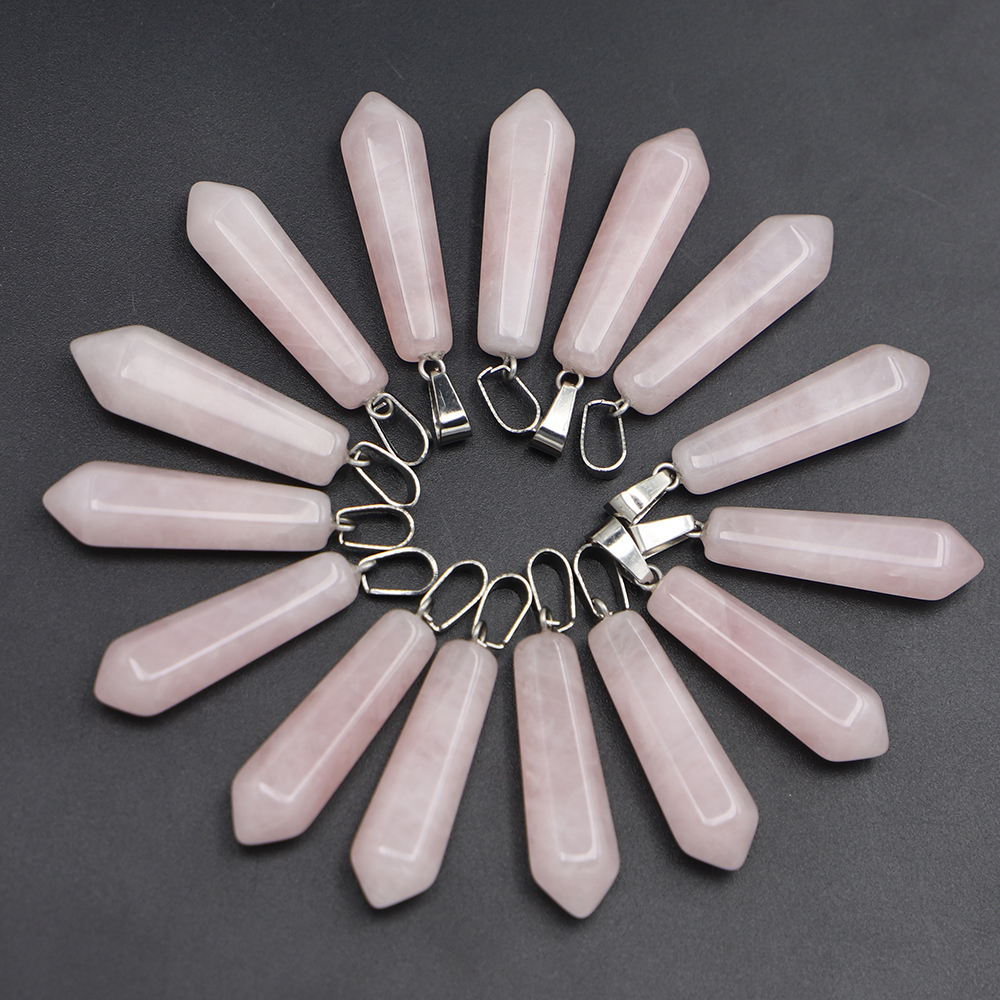

Natural Rose Quartz Stone Hexagonal Prism Pillar Charms Point Chakra Pendants for Jewelry Making