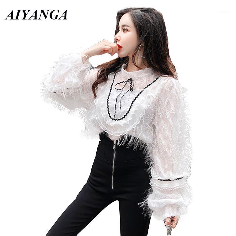 

Women's Blouses & Shirts Tassel Hairy Women 2022 Spring Female Patchwork Lace Blouse Fashion Shirt White Black Big Size Casual Tops