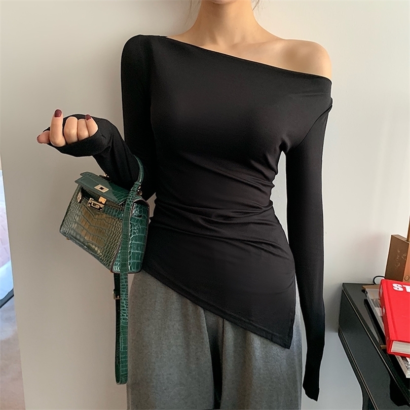 

Off Shoulder Skew Collar Solid Full Sleeve T-shirts Girls Sexy Chic Irregular Split Tshirts Tops For Woman Autumn 220407, Green