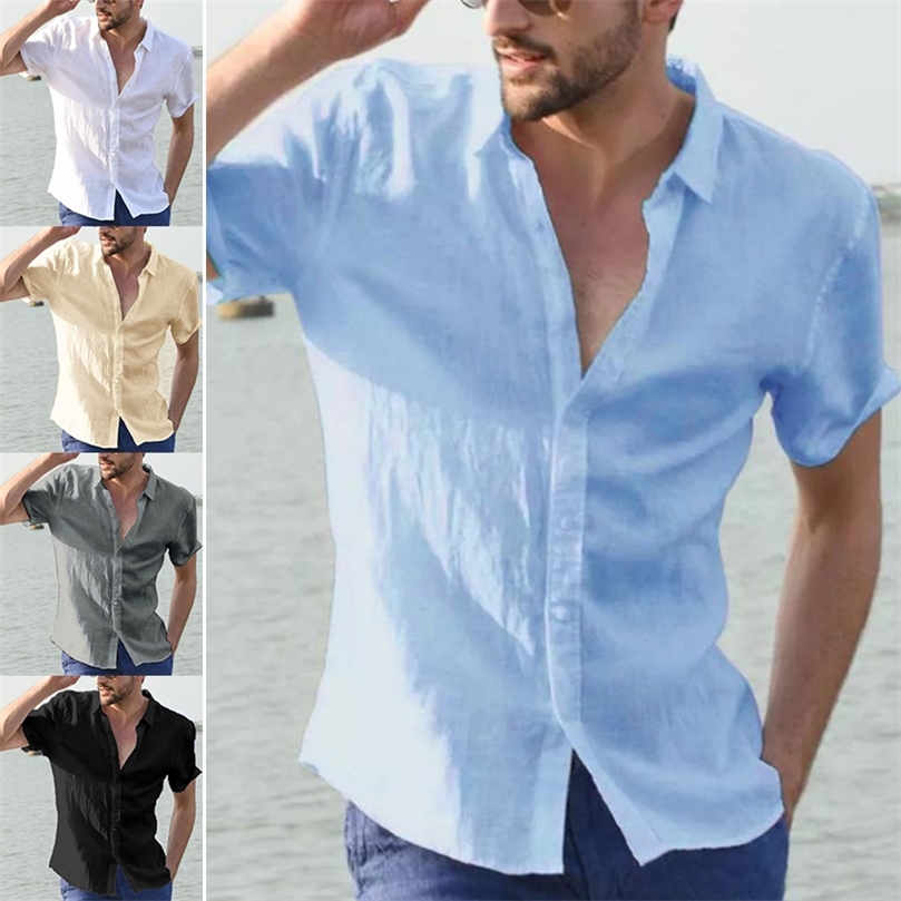 

Summer Mens Tshirt Short Sleeve Tops Blouse Tees Breathable Formal Casual Linen Cotton Shirt For Men 220614, White