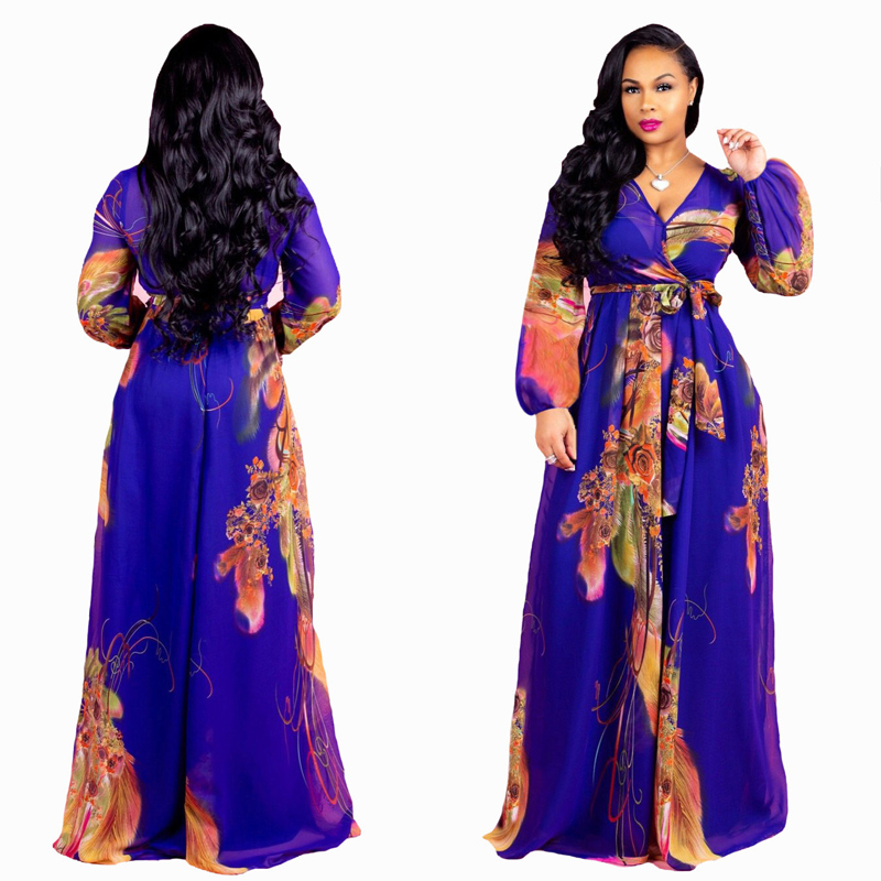 Robes imprimées en mousseline de bonne qualité Sexe Deep V Neck Hippie Imprimée femelle Casual Long Man Manneve Fat Femmes Plus taille