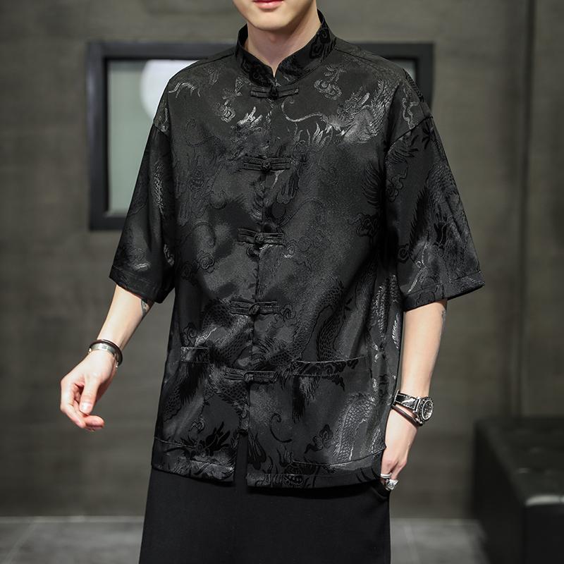 

Ethnic Clothing Chinese Style Retro Tang Suit Rayon Print Dragon Plus Size Hanfu Men Oriental Black Short Sleeve Blouse ShirtEthnic