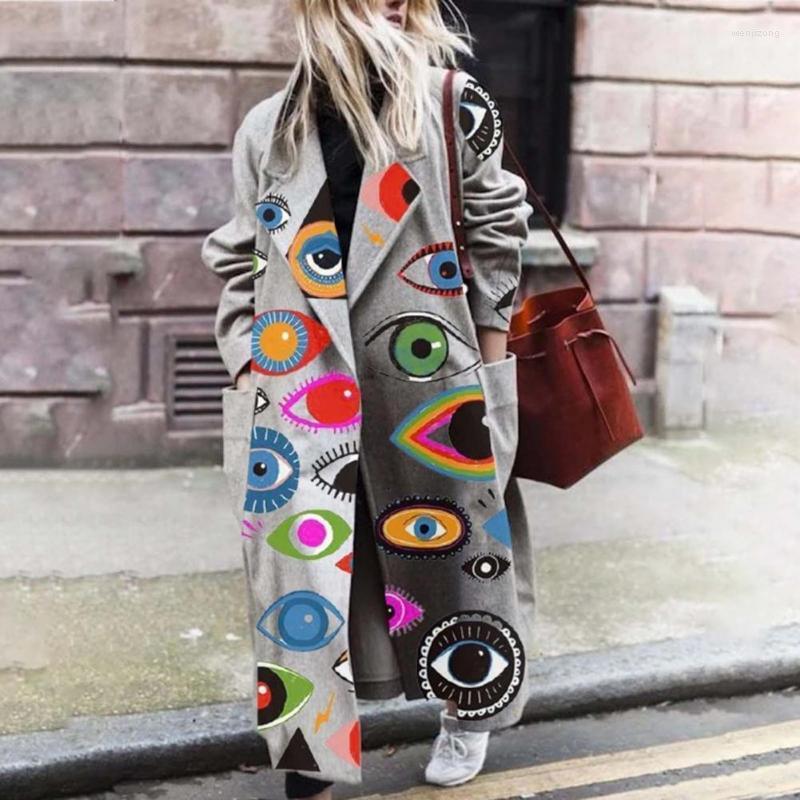 

Women' Wool & Blends Winter Jacket Coats Woman Long Sleeve Lapel Women Coat Open Stitch Big Pockets Print Woolen Outwear