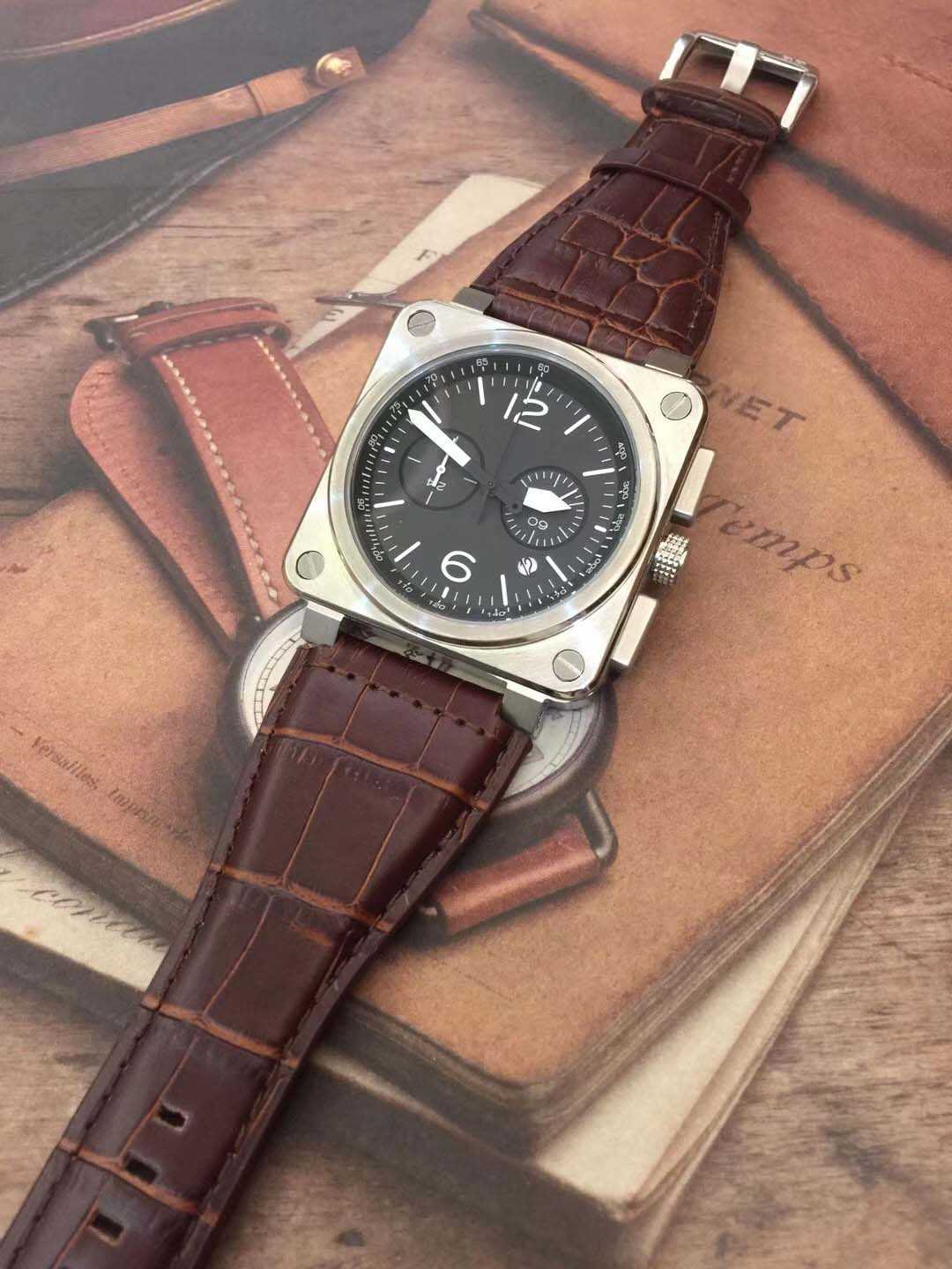 Nouveau style de mode style quartz chronographe carré cadran noir 46 mm montre montres bracelet en cuir marron hommes montres