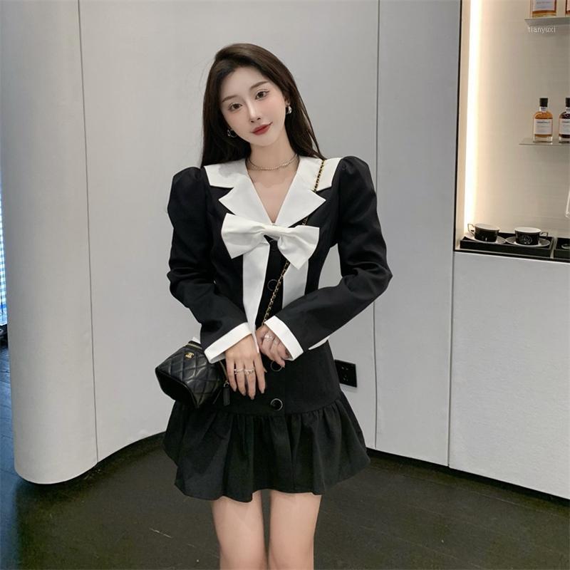 

Casual Dresses Korean Mini Dress Autumn French Small Fragrance Lapel Long Sleeve Bow Black Women Suits Vestidos De Fiesta, Picture color