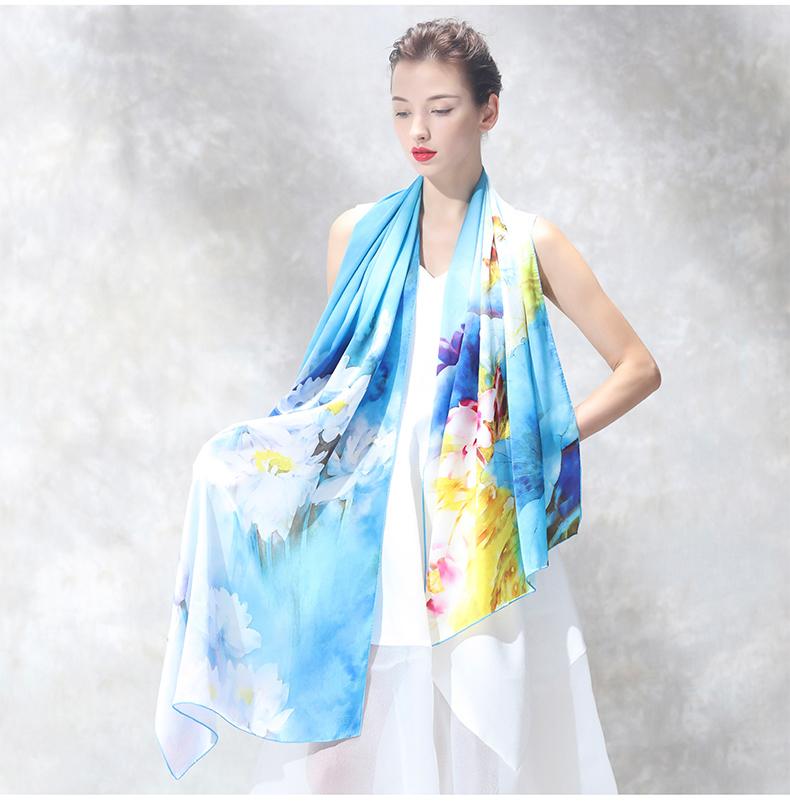 

Berets Silk Scarf Women Autumn And Winter Style Chinese Big Shawl One, Blue