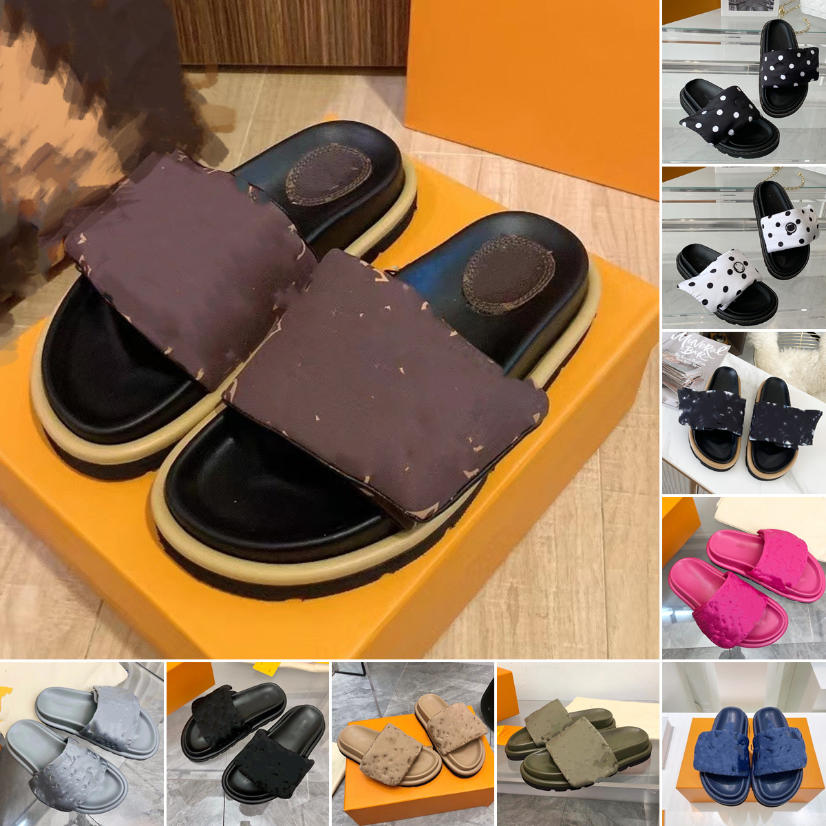 

LUXURY L Designer Men Women Slippers Sandals Embossed Printing Down Feather Pillow Hook & Loop Mule Summer Flat Heel Scuff Slides Flip Flops Beach Sandals Size 35-45, Additional box