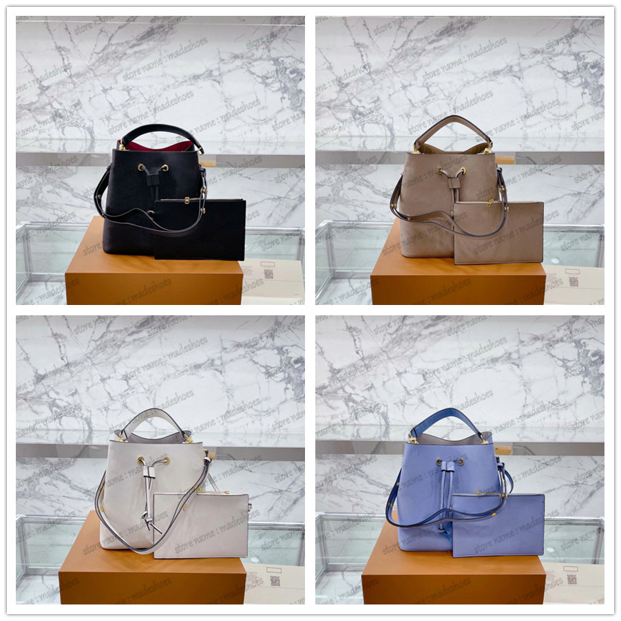 

Neonoe MM Bucket Bag M45497 NÉONOÉ Monograms Embossed Leather Cross Body Women Luxurys Designer Neo Noe 2PC Drawstring Bags With Purse Wallet Black / Beige