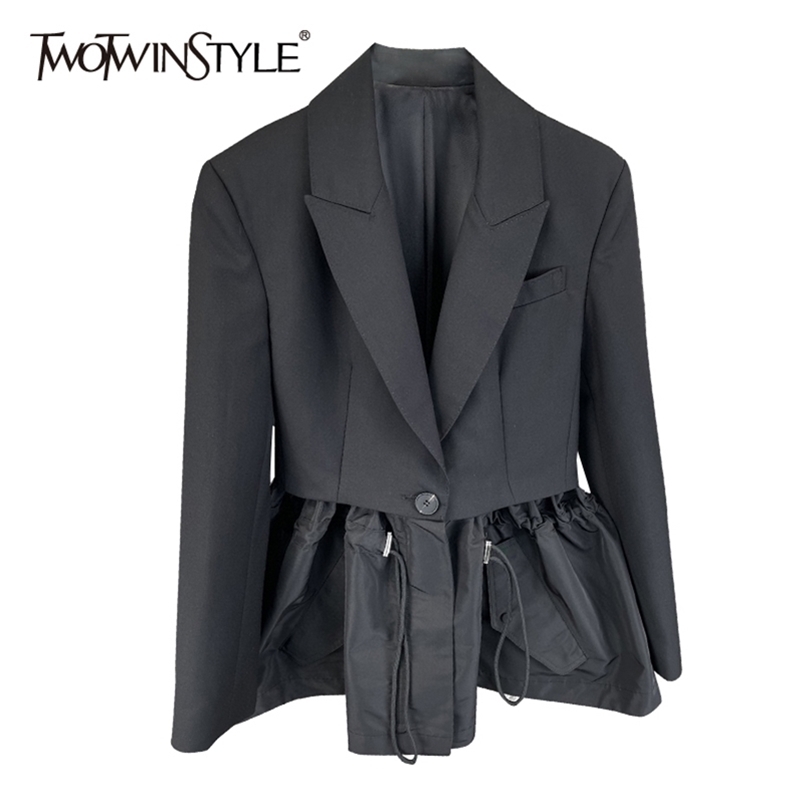 

TWOTWINSTYLE Minimalist Solid Fold Pleated Female Blazer Notched Long Sleeve Loose Waist Patchwork Women's Coat Autumn 220402, Black