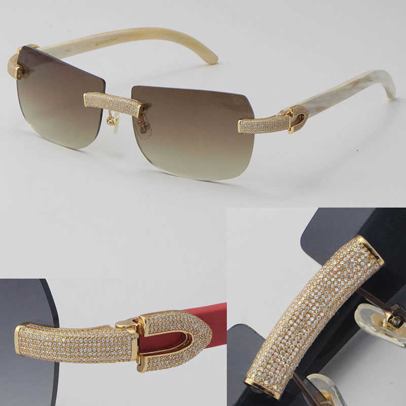2022 New Model Micro-paved Diamond Sunglasses Original Black Buffalo Horn Rimless Genuine Natural Sun Glasses 18K Gold C Decoration Male