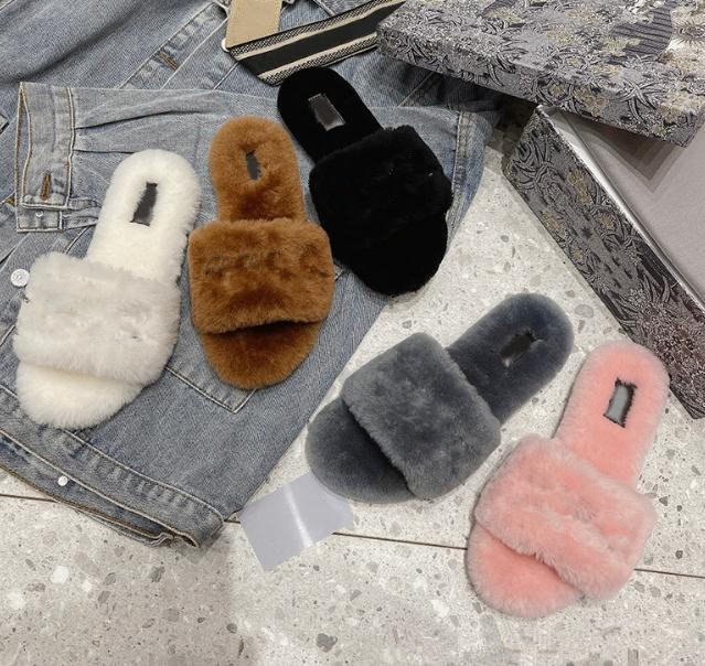 

women furry slippers wool slipper women's fur all-in-one drag non-slip cross set feet lazy ladies long hair black White Gray pink brown flat slippers