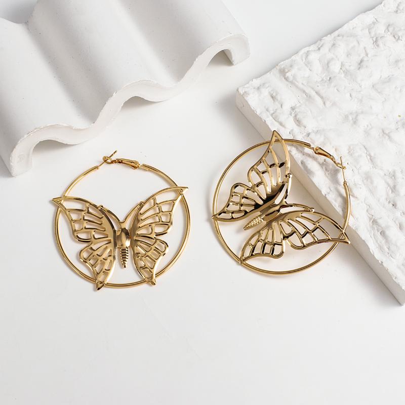 

Hoop & Huggie Metallic Frech Style Butterfly Big Earring Korean Gold Silver Color Circle For Women Party JewelryHoop