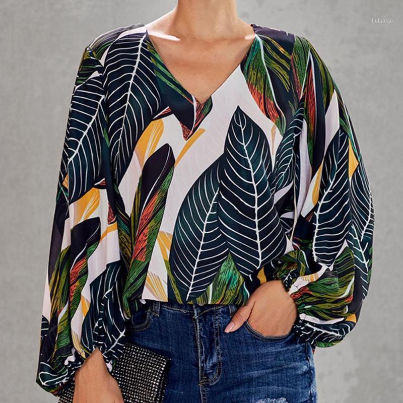 

Women's Blouses & Shirts Loose Shirt Casual Pullover Long Sleeve Lantern Floral V Neck Lady For Daily Wear, Green