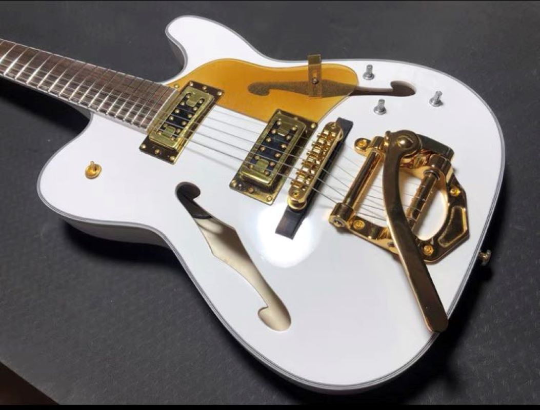 White Semi-Hollow TeLe Electric Guitar Fingerboard Laurel Wood F Hole Maple Body Gold Hardware Bridge Tremolo-image-760737108