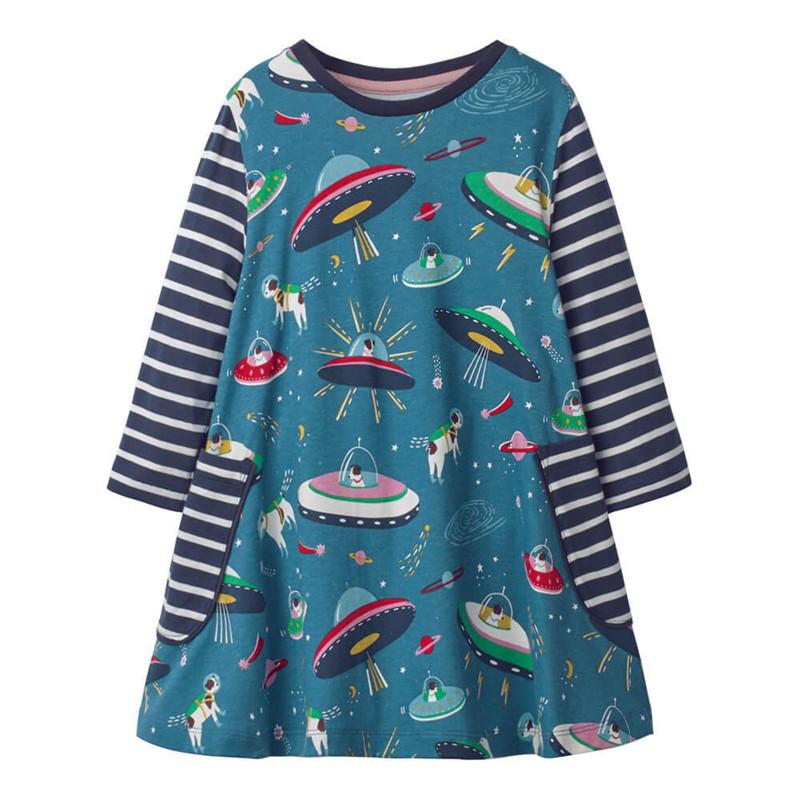 

Girl's Dresses Jumping Meters Baby Girls Long Sleeves Space Cartoon Cotton Dress For Girl Pocket Spring Autumn Clothes DressGirl's Girl'sGir, T7785 blue