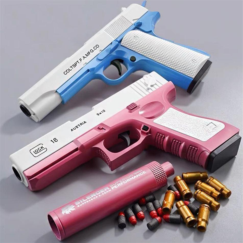 

Pistol Manual EVA Soft Bullet Blaster Toy Gun Airsoft Pneumatic Firing With Silencer For Children Kid Adult CS Fighting Boys Birth216m