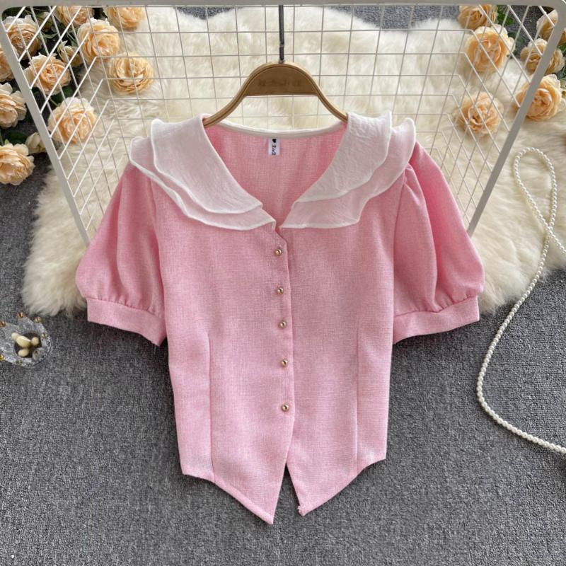 

Women's Blouses & Shirts Summer Fashion Women Single-breasted Doll Collar Short-sleeved Shirt Short Tops Blouse Camisas Para Mujer E910Women, Green