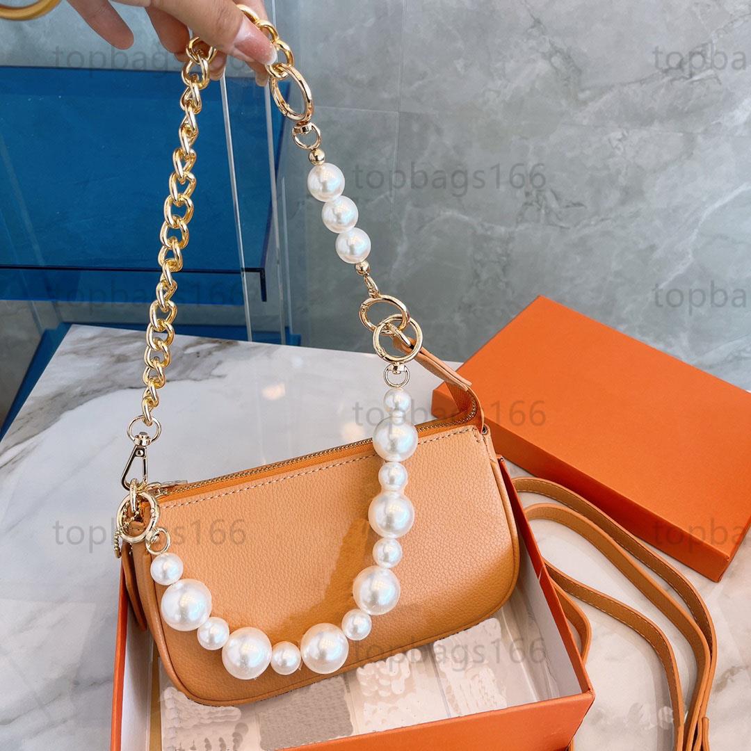 

2022 New brand designer bag Mini Pochette Accessoires underarm bag luxury pearl chain Mahjong Bag evening package M80732, White
