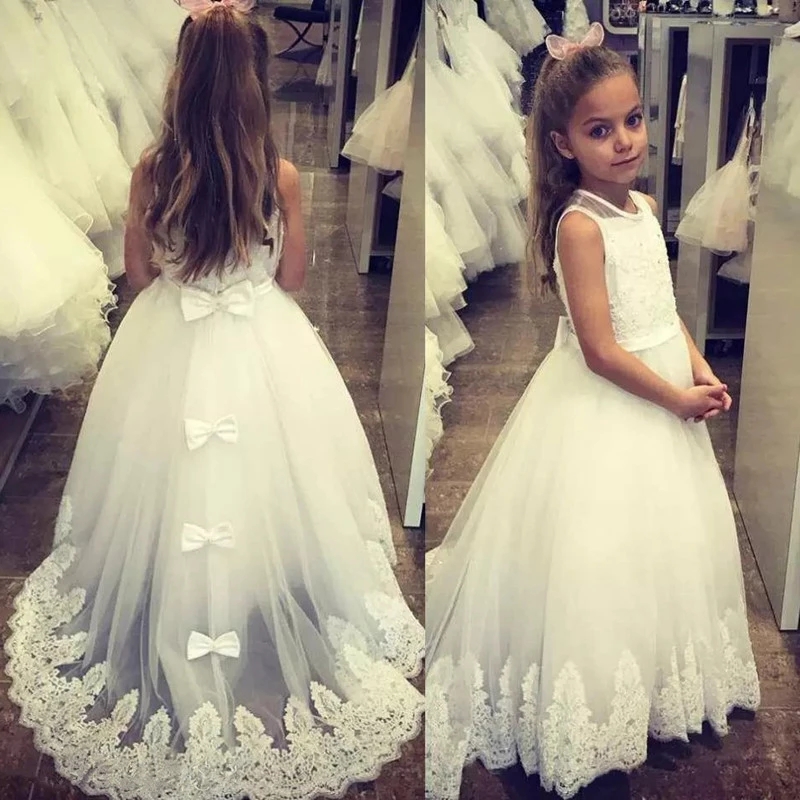 Robes à fleurs blanches mignonnes pour filles, col rond, longueur au sol, robes de première communion, robes de concours sur mesure pour filles