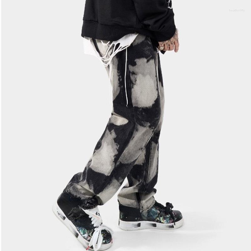 

Men's Jeans Washed Men's Trousers Tie-Bleached Cotton Mid-Waist Personalized Straight JeansMen's Heat22, Black