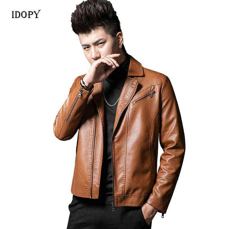 

Idopy Mens Faux Leather Jacket Business Style Casual Zipper Closure PU Soft Leather Jacket and Coat For Male Plus Size M- T220728, Brown