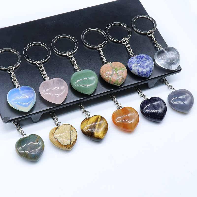 

Keychains Reiki Healing Natural Stone Crystal Handbag Purse Holder Lovely Heart Dangle Pendulum Opal Agates Quartz Key ChainsKeychains