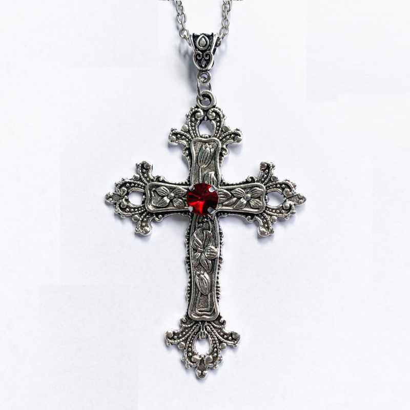 

Pendant Necklaces Goth Large Detail Cross Black Red Drill Silver Necklace For Women Punk Fashion Charm Jewelry Statement GiftPendant
