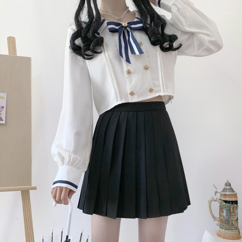 

Autumn Long Sleeve Women Blouses Preppy Style Bow Collar Double Breasted Sweet Casual Female Tops Women's & Shirts, White