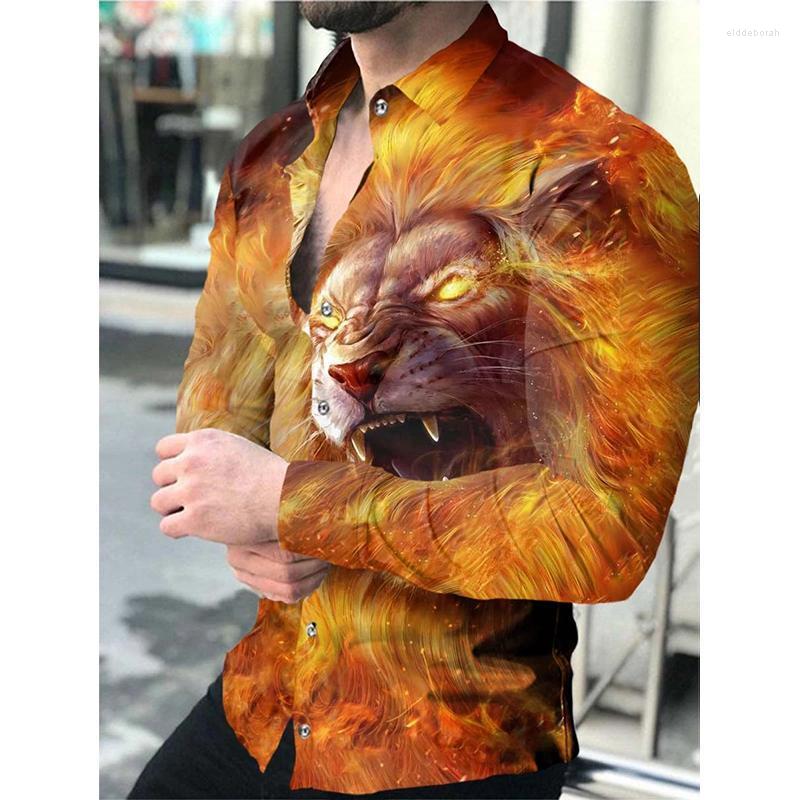 

Men' Dress Shirts Autumn Social Fashion Men' Turn-down Buttoned Collar Shirt Casual Lion Print Long Sleeve Tops Clothing Club CardigMe, Cx117