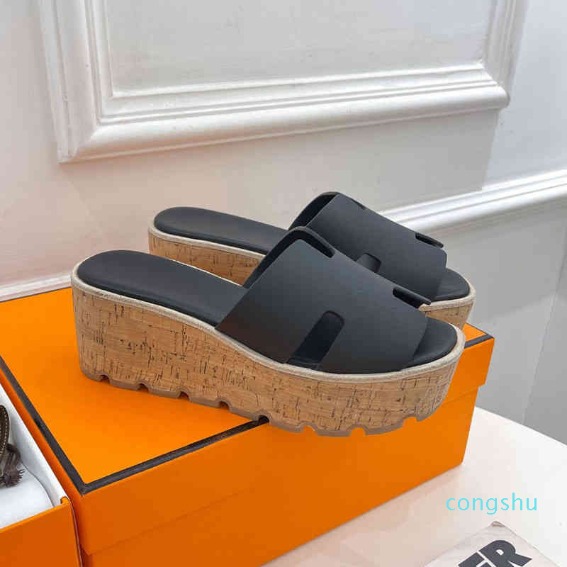 Soled Slippers Waterproof Women's Thick h Platform Straight Line Sandals Cowhide Muffin Bottom Slope Heel Shoes Wear Spring andP1ZX